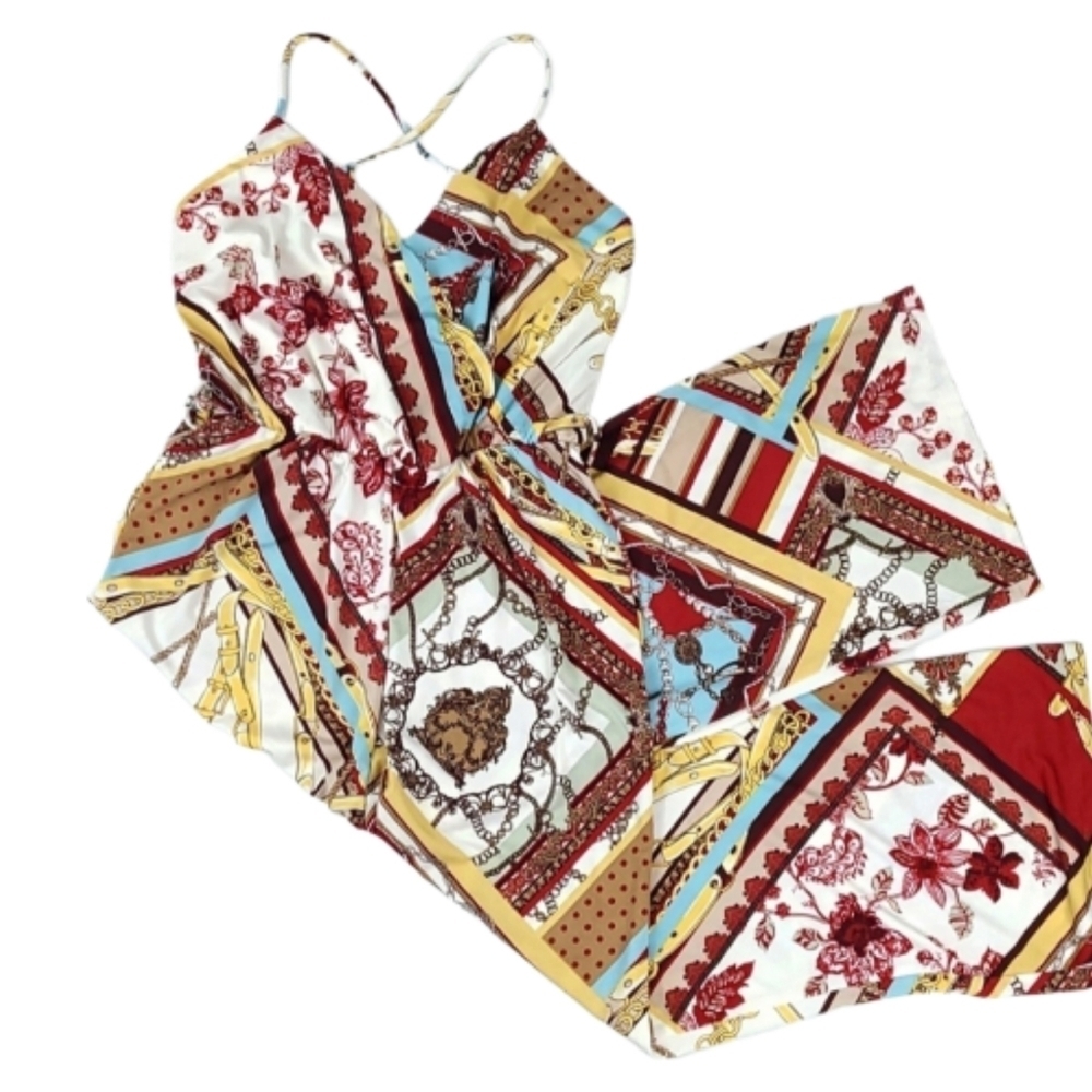 Avante Garde NEW Pants Jumpsuit Cream Burgundy Multicolor Silky, NWT Size M